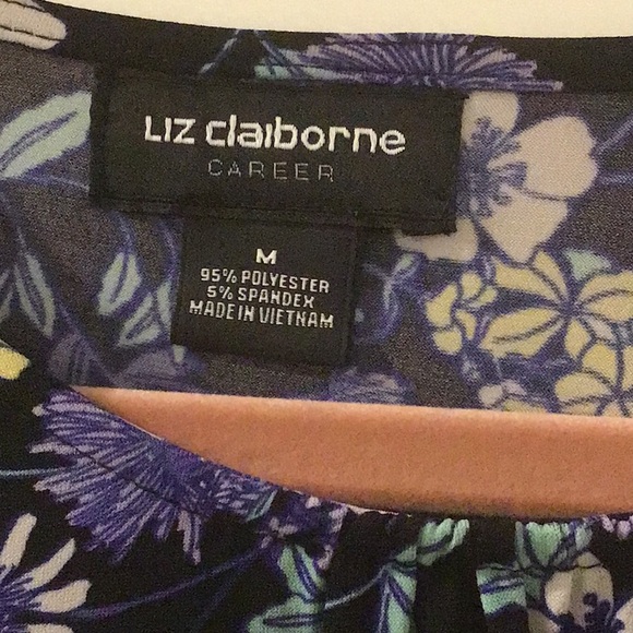 Liz Claiborne Black Floral Blouse Flare Sleeve with decorative tie Size M - Picture 3 of 9